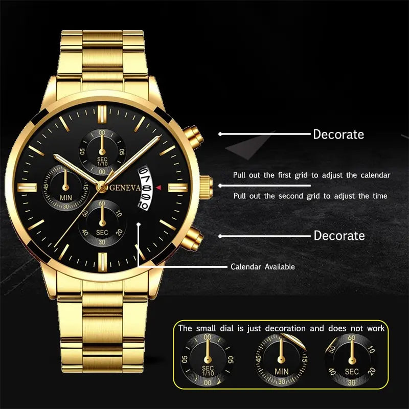 2023 Fashion Men Gold Stainless Steel Watch Luxury Calendar Quartz Wri• Stainless Steel Material :Crafted from high-quality stainless steel, this watch offers durability and longevity, perfect for everyday wear.
• Quartz Movement :2023 Fashion Men Gold Stainless Steel Watch Luxury Calendar Quartz Wrist Watch Mens Business Watches