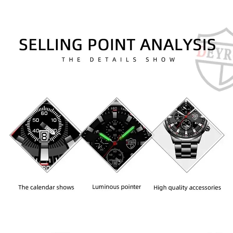 Fashion Mens Sports Watches Men Business Stainless Steel Quartz Watch • Quartz Movement :Experience precise timekeeping with the DEYROS quartz wristwatch, a reliable and accurate choice for both business and casual occasions.
• StaFashion Mens Sports Watches Men Business Stainless Steel Quartz Watch Luxury Man Casual Calendar Luminous Clock Reloj Hombre