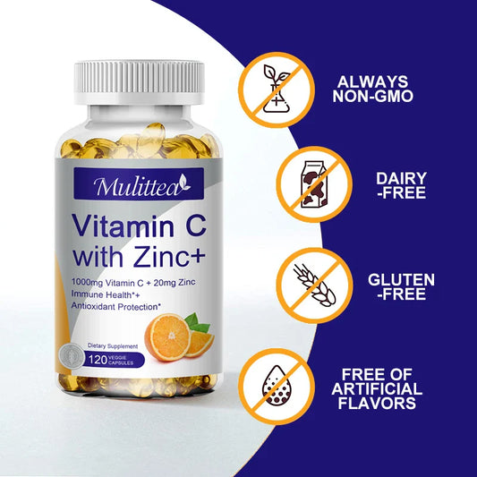 Mulittea Vitamin C with Zinc capsules for energy production, complexion improvement, and skin brightening, non-GMO and gluten-free.