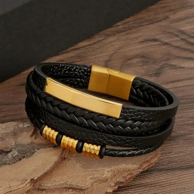 Classic Men's Leather Bracelet New Style Hand-woven Multi-layer CombinName: Alloy buckle leather bracelet
Material: leather, alloy
Process: frosted magnetic buckle
Color: Steel/Gold/Black
Size: 19/21/23
Packaging specification: 1 pieceClassic Men'