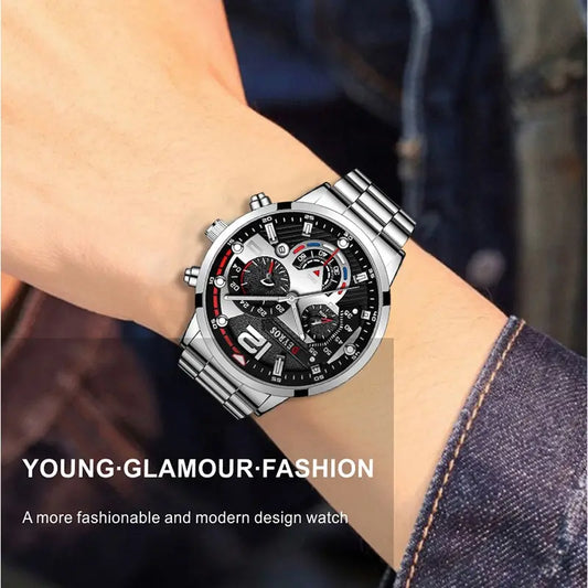 Fashion Mens Watches Luxury Stainless Steel Quartz Wristwatch Calendar• Luminous Hands :The hands of this watch glow in the dark, making it easy to read the time even in low light conditions.
 
• Stainless Steel Band :The band is madFashion Mens Watches Luxury Stainless Steel Quartz Wristwatch Calendar Luminous Clock Men Business Casual Watch Reloj Hombre
