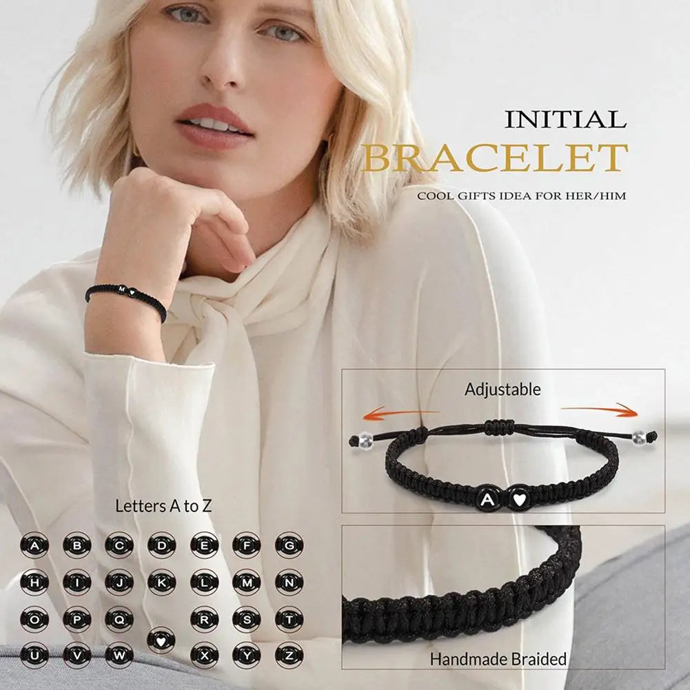 26 Letters Initial Heart Bracelets Handmade Adjustable A-Z Name BraideProduct Description:
1. Product name: 26 letters bracelet
2. Chain length: 17.5+6cm (6.89+2.36in),
3. Product color: black
4. Product material: rope
Features:
1.Thi26 Letters Initial Heart Bracelets Handmade Adjustable