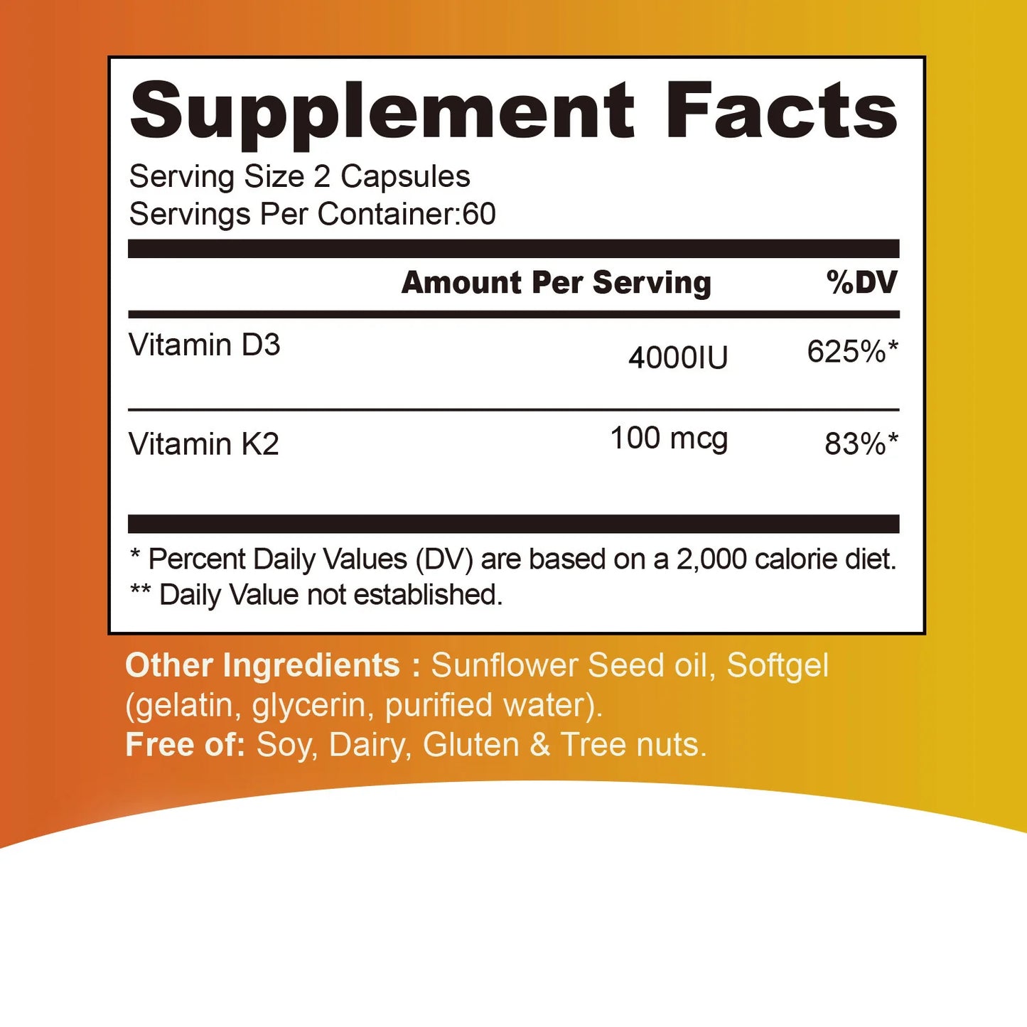 Vitamin D3 + K2 - Help Regulate Calcium Metabolism Promote Bone Teeth and Skin Health Support Immunity - 120 Capsules