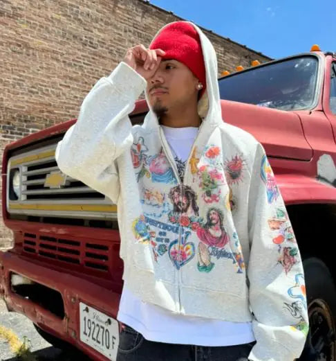 Religious printed jacketDescription:Express your faith in style with this Religious Printed Jacket. Featuring meaningful designs and symbols, this jacket combines comfort and inspiration inReligious printed jacket