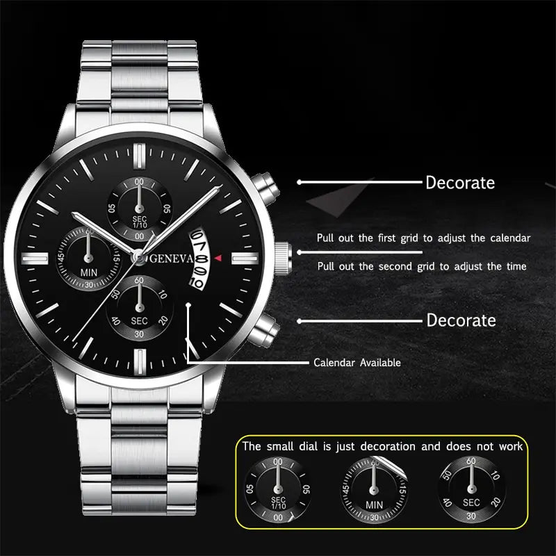 Fashion Mens Watches Luxury Silver Stainless Steel Quartz Wrist Watch • Quartz Movement :The watch is powered by a reliable quartz movement, ensuring accurate timekeeping.
• Complete Calendar :The watch features a complete calendarFashion Mens Watches Luxury Silver Stainless Steel Quartz Wrist Watch Man Business Watch