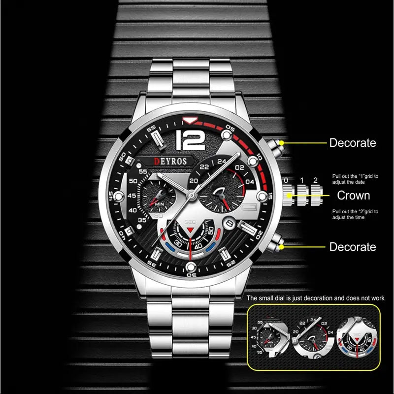 Fashion Mens Watches Luxury Stainless Steel Quartz Wristwatch Calendar• Luminous Hands :The hands of this watch glow in the dark, making it easy to read the time even in low light conditions.
• Stainless Steel Band :The band is madFashion Mens Watches Luxury Stainless Steel Quartz Wristwatch Calendar Luminous Clock Men Business Casual Watch Reloj Hombre