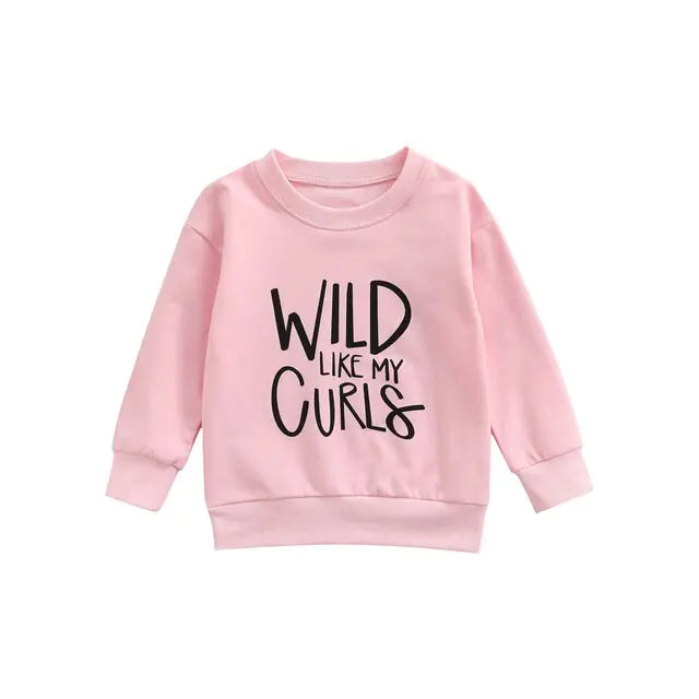 Baby Sweatshirt TopsIntroducing our latest must-have for little ones: the Baby Sweatshirt Tops with "WILD LIKE MY CURLS" Letter Print! This adorable round neck spring attire for ages 1-Baby Sweatshirt Tops