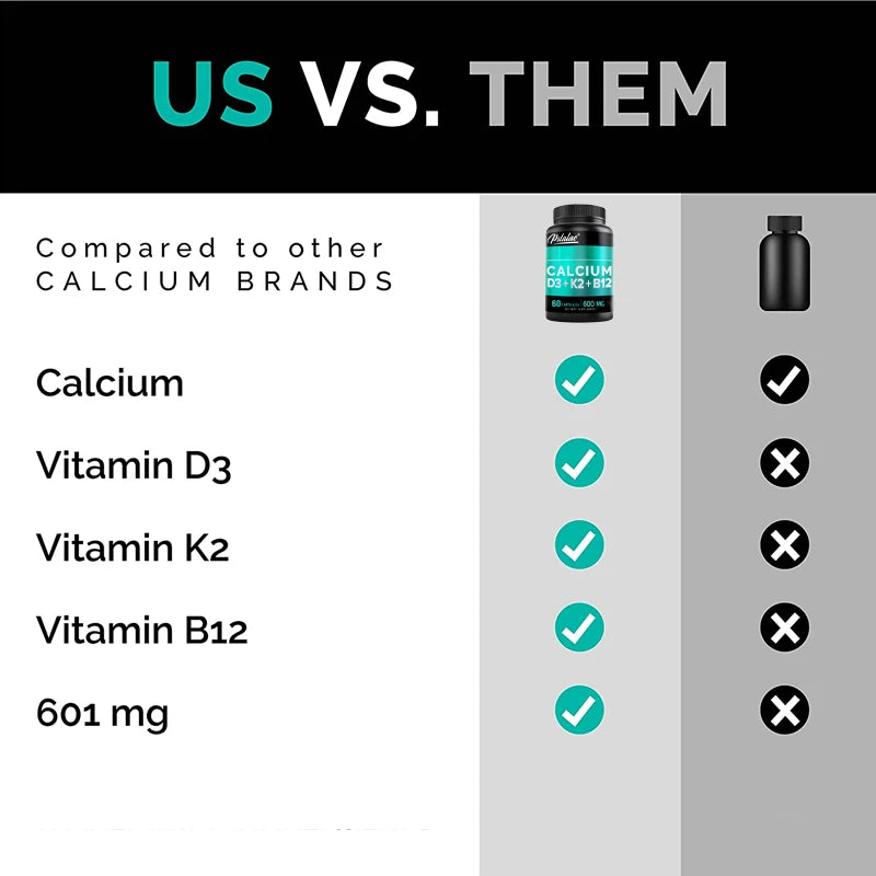 Calcium 600 Mg, Vitamin D3 K2 B12 Supplement - Provides Heart, Bone and Immune Support for Women and Men - 60 Capsules