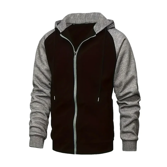 Men's zip-up color block hoodie with raglan sleeves, casual and stylish for fall/winter.