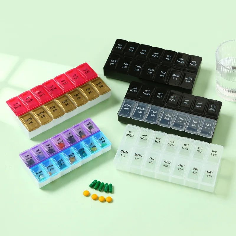 Weekly portable travel pill cases with 14 grids for 7-day medication and vitamin storage.