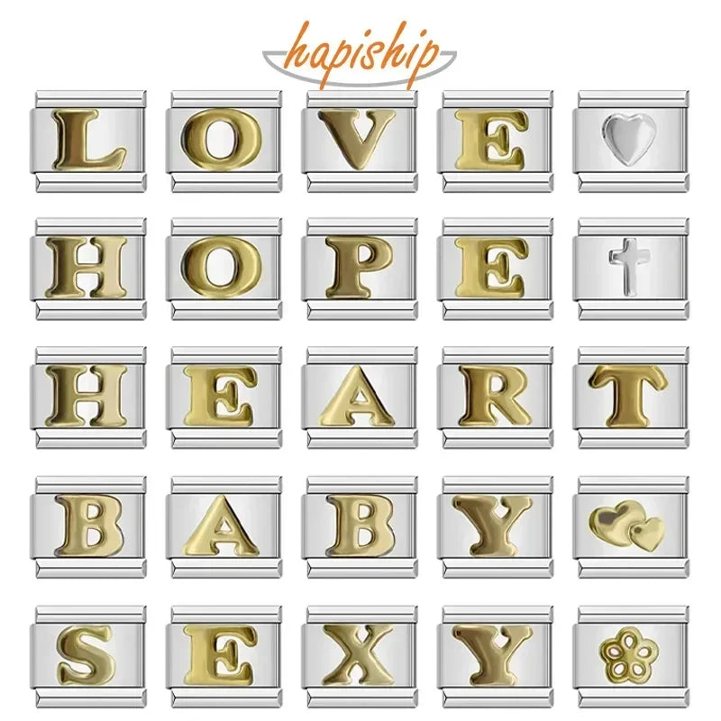 Hapiship 2024 New Fashion 26 English Letters Italian Charm Links Fit 9* Brand:Hapiship
* Make a Happy Bracelet !Fashion 26 English Letters Italian Charm Links Fit 9mm Stainless Steel Bracelet Making Women Jewelry DJ110