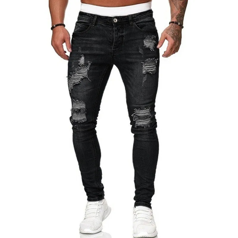Fashion street style ripped skinny jeans for men, vintage wash solid denim, casual slim fit.