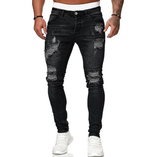 Fashion street style ripped skinny jeans for men, vintage wash solid denim, casual slim fit.