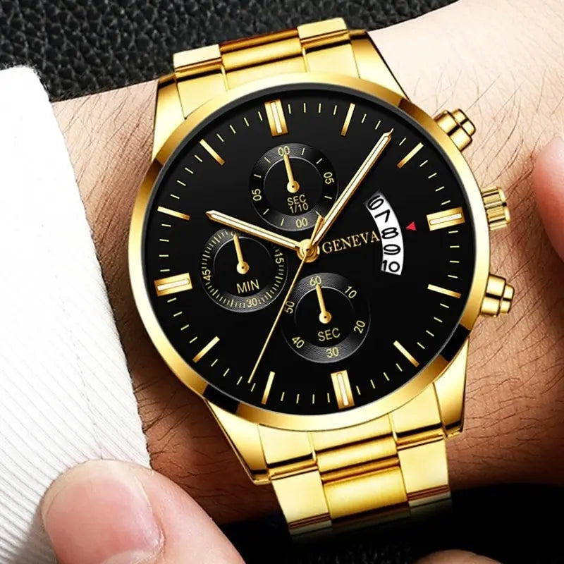 2023 Fashion Men Gold Stainless Steel Watch Luxury Calendar Quartz Wri• Stainless Steel Material :Crafted from high-quality stainless steel, this watch offers durability and longevity, perfect for everyday wear.
• Quartz Movement :2023 Fashion Men Gold Stainless Steel Watch Luxury Calendar Quartz Wrist Watch Mens Business Watches