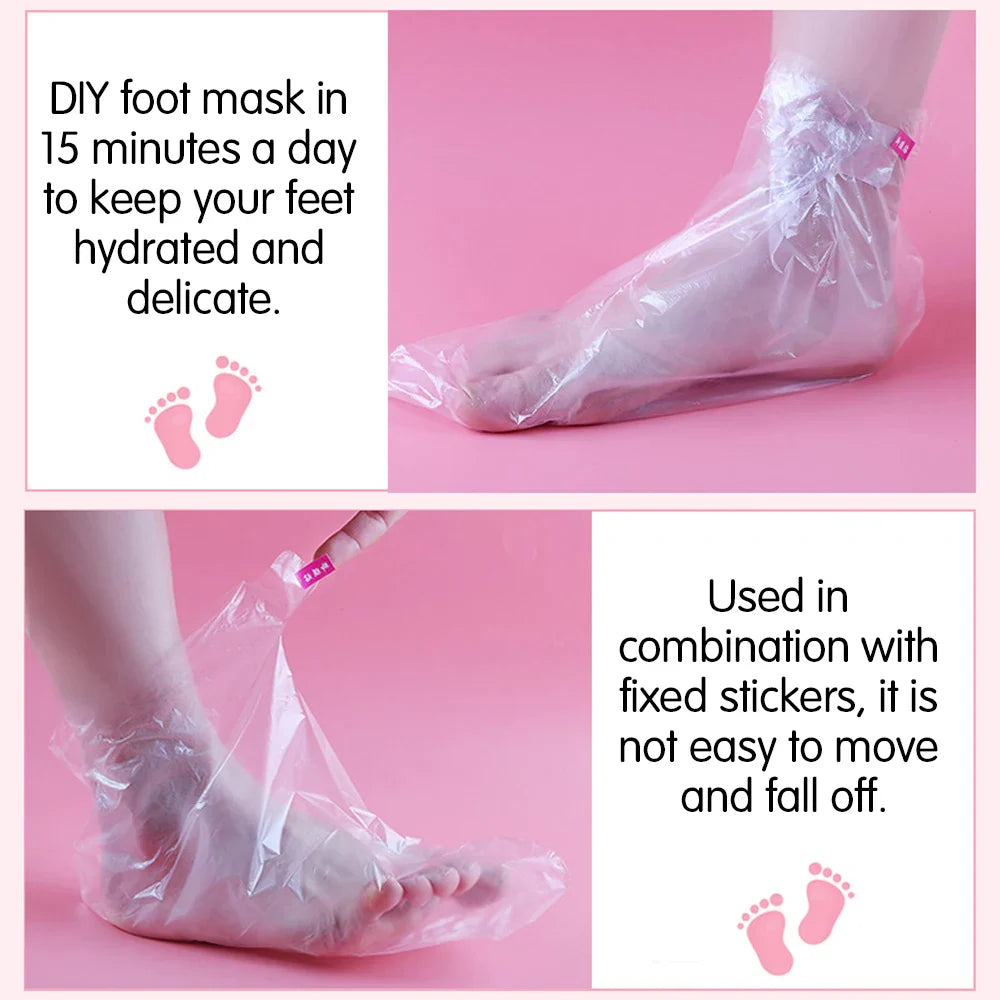 Transparent disposable foot bags for detox, dead skin removal, and pedicure infection prevention.
