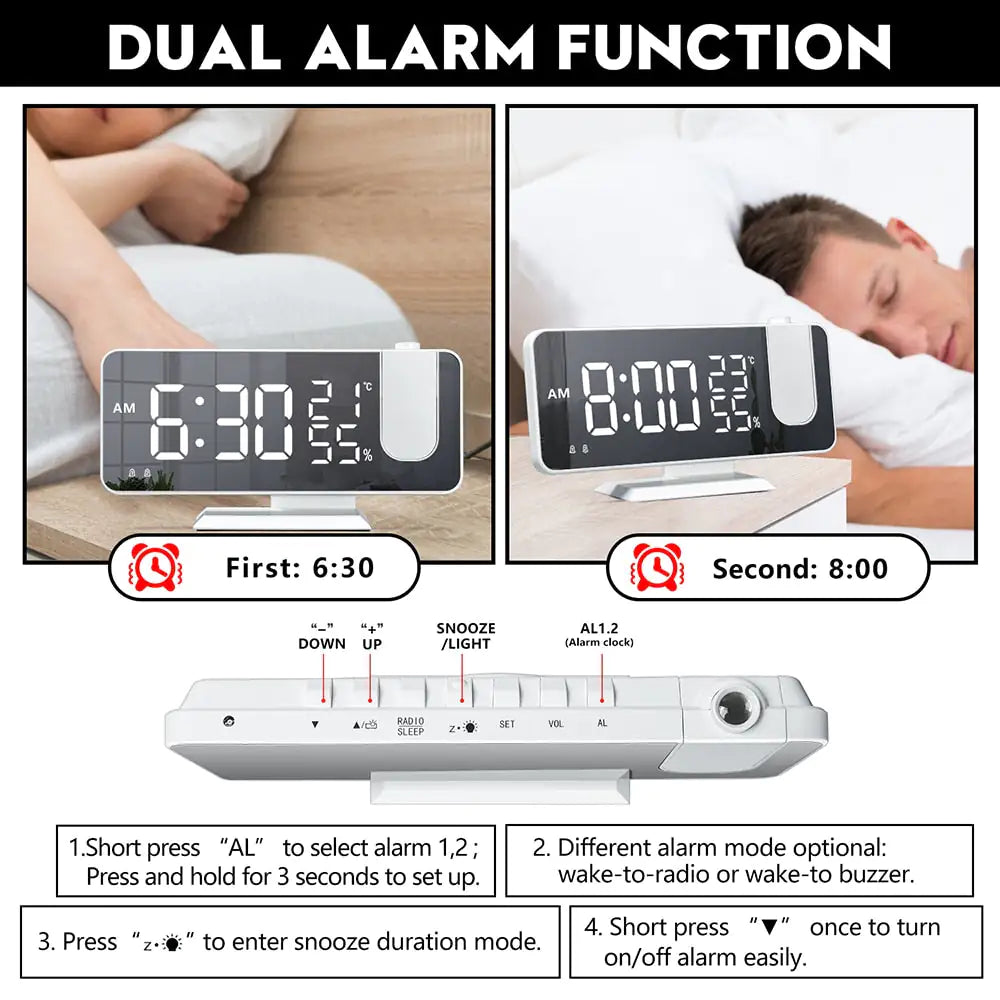 Led Digital Projection ClockIntroducing the Led Digital Projection Clock—an all-in-one solution to keep you organized, entertained, and on schedule!Stay Tuned: With its built-in Fm Radio, automLed Digital Projection Clock
