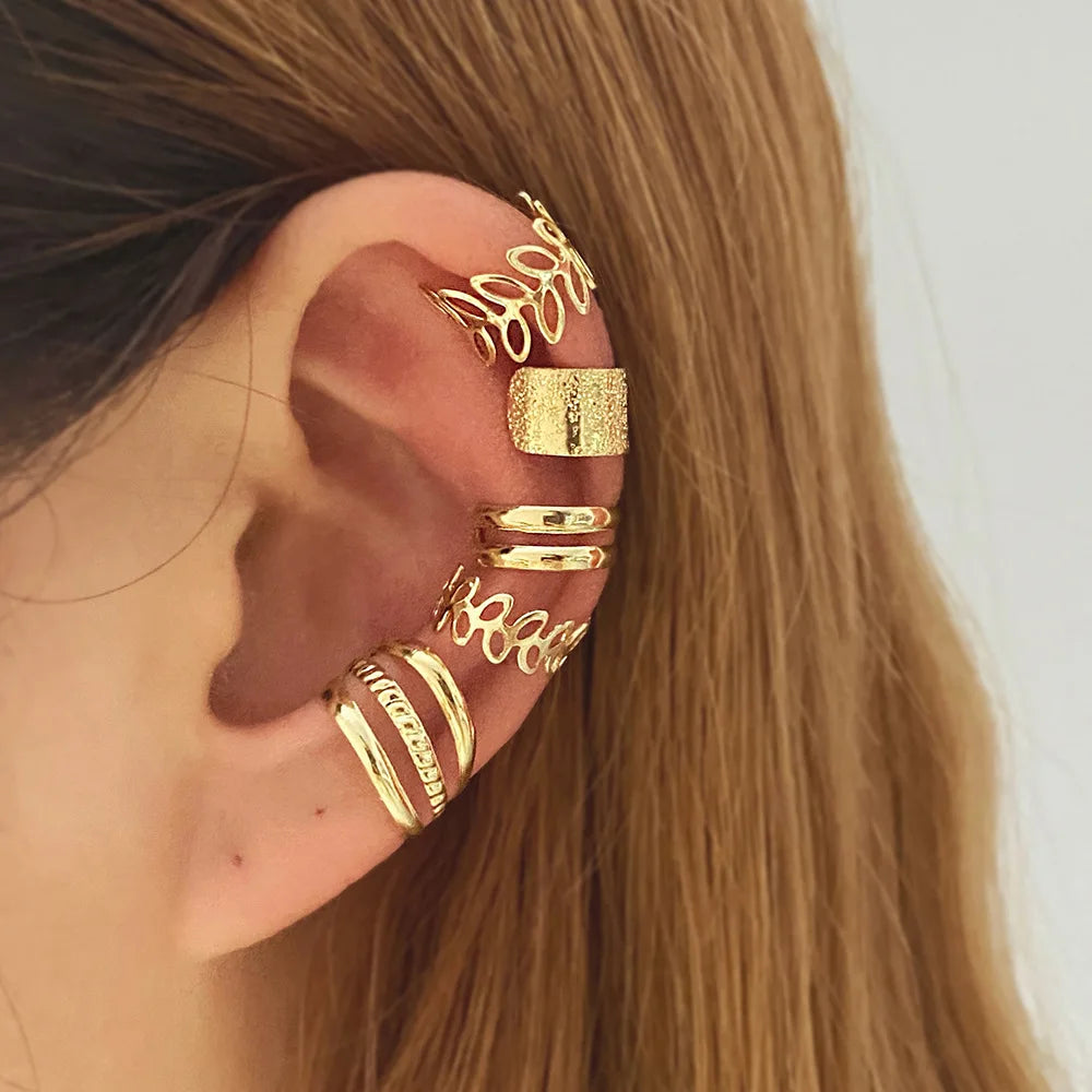 LATS Silver Color Leaves Clip Earrings for Women Men Creative Simple C-Piercing Ear Ear Clip Set Trend Jewelry Gift