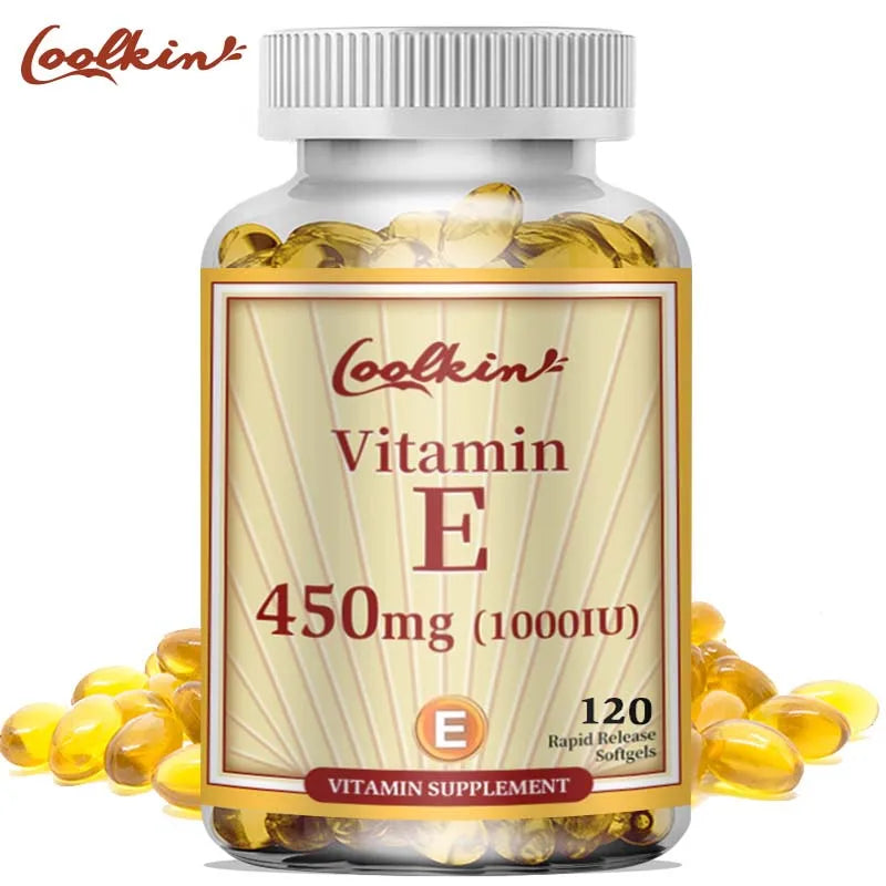 Vitamin E Capsules 450mg, anti-aging and firming skin treatment, 120-count bottle.