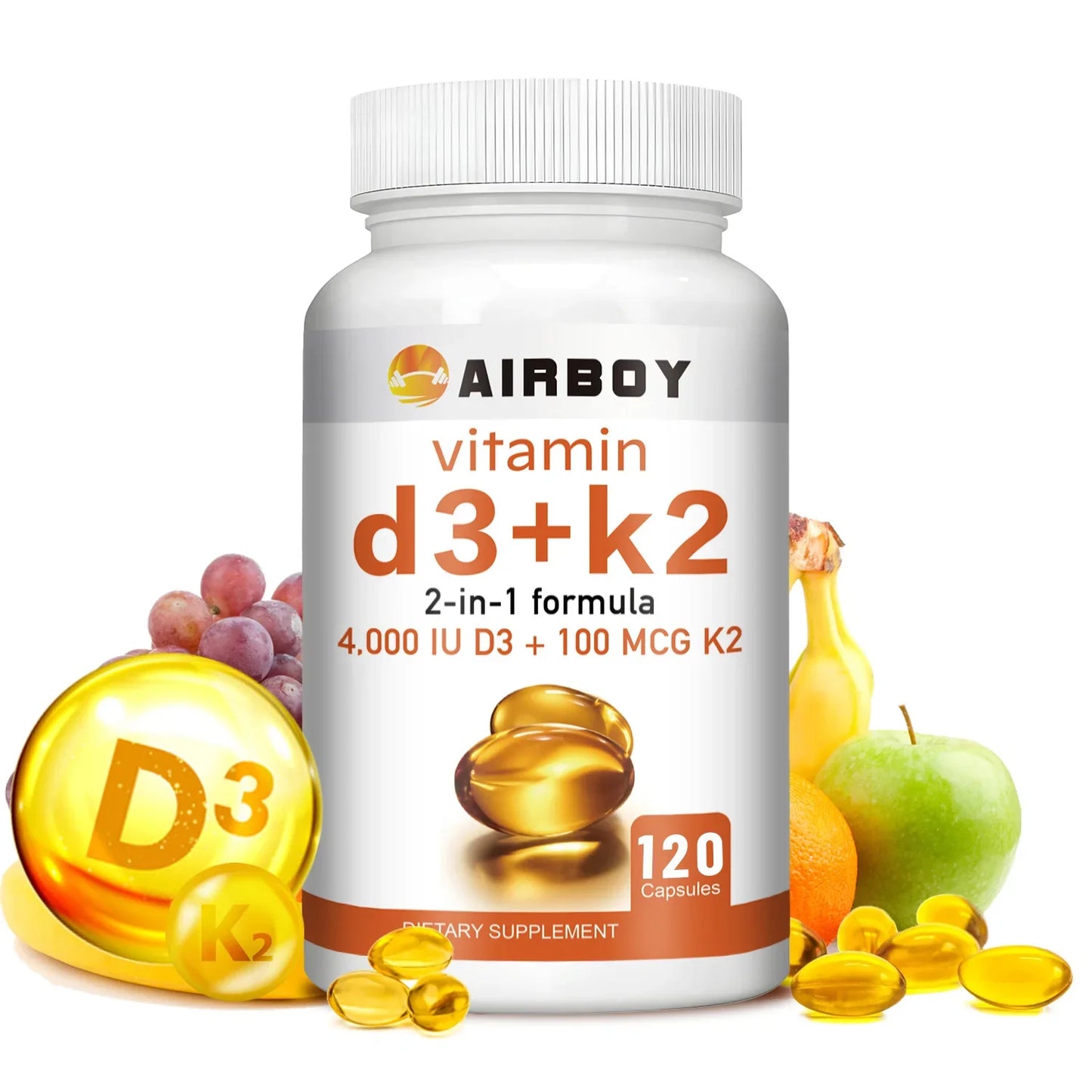 Vitamin D3 + K2 capsules for calcium metabolism, bone, teeth, and skin health.
