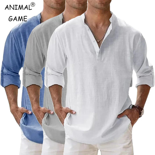 Men Lightweight Shirts Long Sleeve Cotton Linen Shirts for Men Beach Hawaiian Shirts Breathable Collar Tshirts