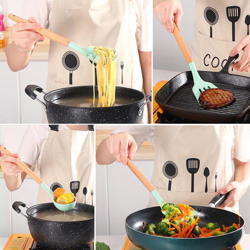 Non Stick Pot Spatula And SpoonUpgrade Your Kitchen with Our 12-Piece Wooden Handle Silicone Kitchen Utensils Set and Handy Storage Bucket!
Key Features:
Premium Material: Our cooking tools are crStick Pot Spatula