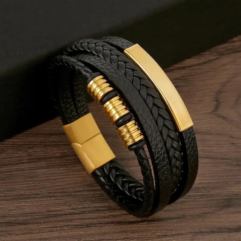 Classic Men's Leather Bracelet New Style Hand-woven Multi-layer CombinName: Alloy buckle leather bracelet
Material: leather, alloy
Process: frosted magnetic buckle
Color: Steel/Gold/Black
Size: 19/21/23
Packaging specification: 1 pieceClassic Men'
