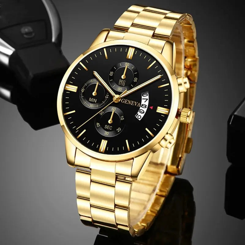 2023 Fashion Men Gold Stainless Steel Watch Luxury Calendar Quartz Wri• Stainless Steel Material :Crafted from high-quality stainless steel, this watch offers durability and longevity, perfect for everyday wear.
• Quartz Movement :2023 Fashion Men Gold Stainless Steel Watch Luxury Calendar Quartz Wrist Watch Mens Business Watches