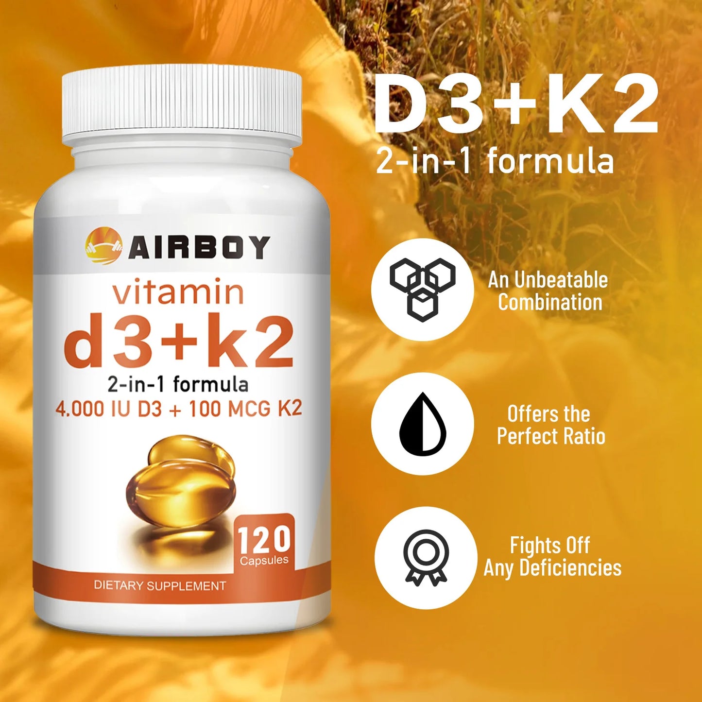 Vitamin D3 + K2 - Help Regulate Calcium Metabolism Promote Bone Teeth and Skin Health Support Immunity - 120 Capsules