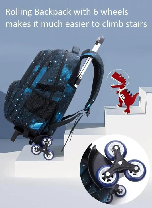 Boy's rolling backpack with 6 wheels, ideal for climbing stairs.