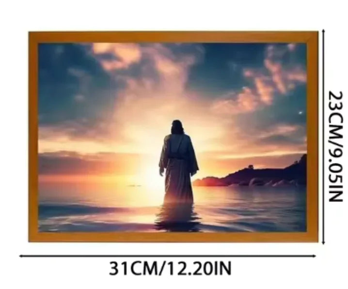Illuminated Jesus LED Art DecorThis Jesus LED Light Painting brings warmth and spiritual inspiration to any home. Featuring a softly illuminated image of Jesus, this decorative piece provides a peIlluminated Jesus LED Art Decor