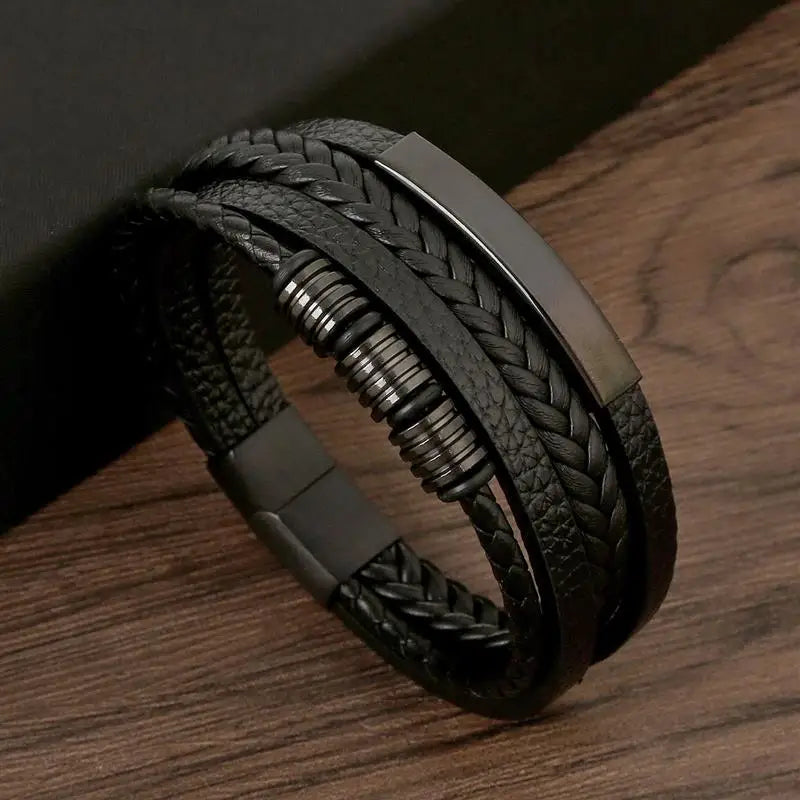 Classic Men's Leather Bracelet New Style Hand-woven Multi-layer CombinName: Alloy buckle leather bracelet
Material: leather, alloy
Process: frosted magnetic buckle
Color: Steel/Gold/Black
Size: 19/21/23
Packaging specification: 1 pieceClassic Men'
