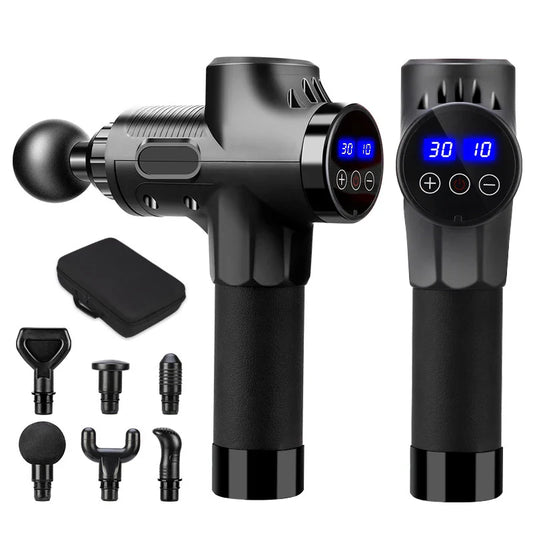 Fascial massage gun with multiple attachments for deep tissue muscle relaxation and pain relief.