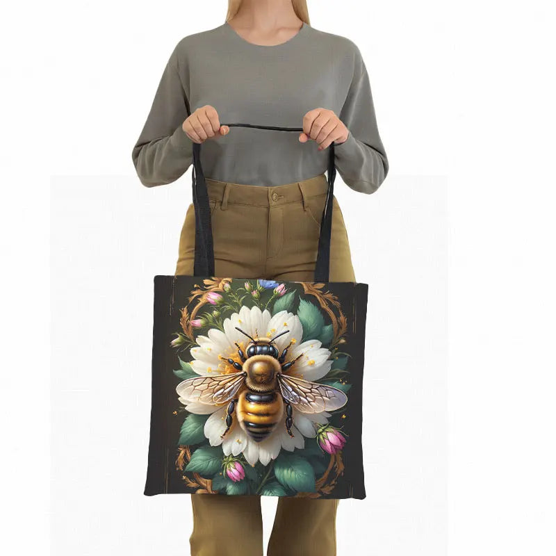 Golden Bee with Flowers Print Shopping Bag Women Handbag Tote Bag Large Capacity Shoulder Bag Eco Portable BookBag