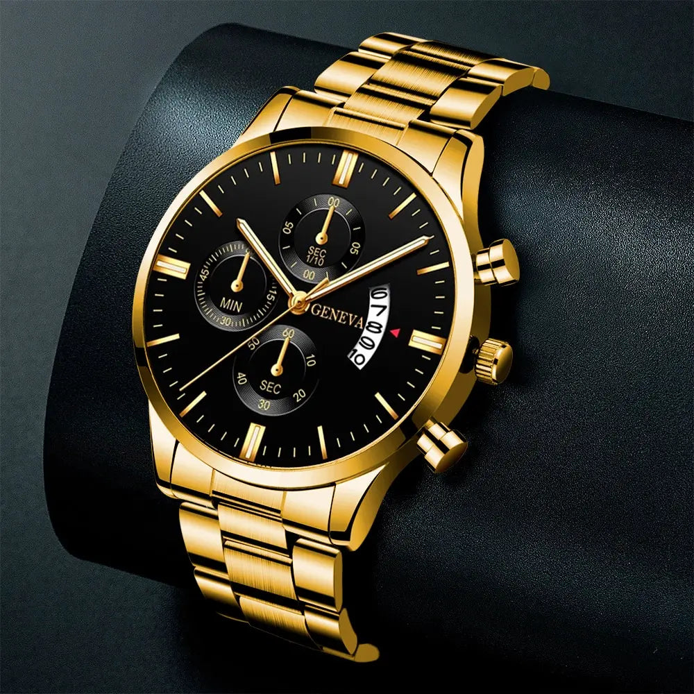 2023 Fashion Men Gold Stainless Steel Watch Luxury Calendar Quartz Wri• Stainless Steel Material :Crafted from high-quality stainless steel, this watch offers durability and longevity, perfect for everyday wear.
• Quartz Movement :2023 Fashion Men Gold Stainless Steel Watch Luxury Calendar Quartz Wrist Watch Mens Business Watches