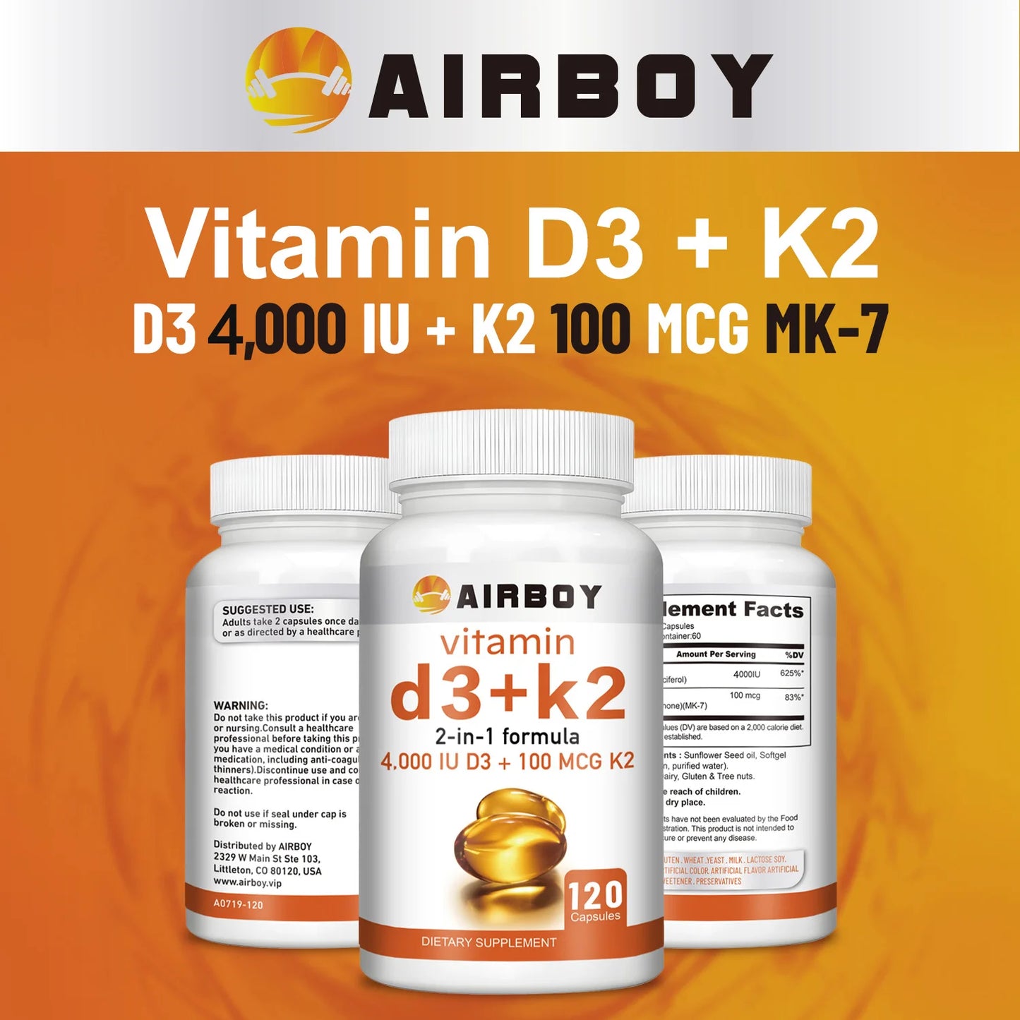 Vitamin D3 + K2 - Help Regulate Calcium Metabolism Promote Bone Teeth and Skin Health Support Immunity - 120 Capsules