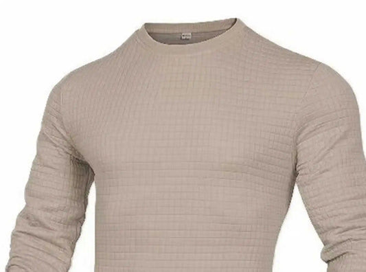 Men's round neck jacquard check hoodie in waffle texture with small check pattern.