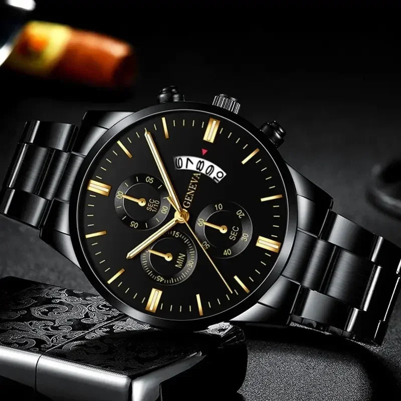 Fashion Men Black Stainless Steel Watch Luxury Calendar Quartz Wrist W• Complete Calendar :Keep track of the date with ease using the watch's complete calendar feature.
• Stainless Steel Band :The durable stainless steel band adds Fashion Men Black Stainless Steel Watch Luxury Calendar Quartz Wrist Watch Mens Business Watches