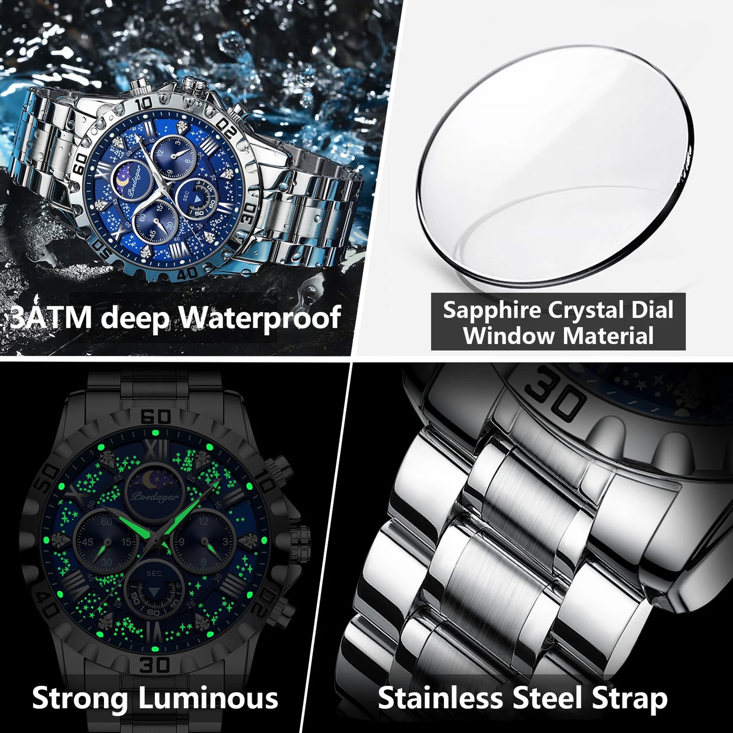 POEDAGAR Luxury Watch for Man Quartz Sports Men Watch Waterproof LuminPackage Included:
1 x POEDAGAR Clock
1 x POEDAGAR Box
1 x Watchband adjust tool
1 x Watch wipe
1 x Warranty card
After-Sales Service:
Any questions, please contact Man Quartz Sports Men Watch Waterproof Luminous Stainless Steel Chronograph Men'