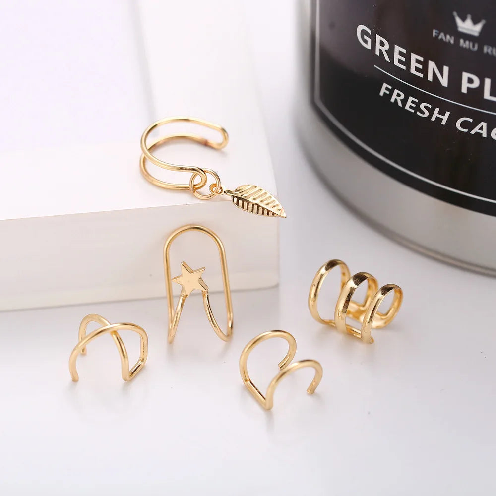 LATS Silver Color Leaves Clip Earrings for Women Men Creative Simple C-Piercing Ear Ear Clip Set Trend Jewelry Gift
