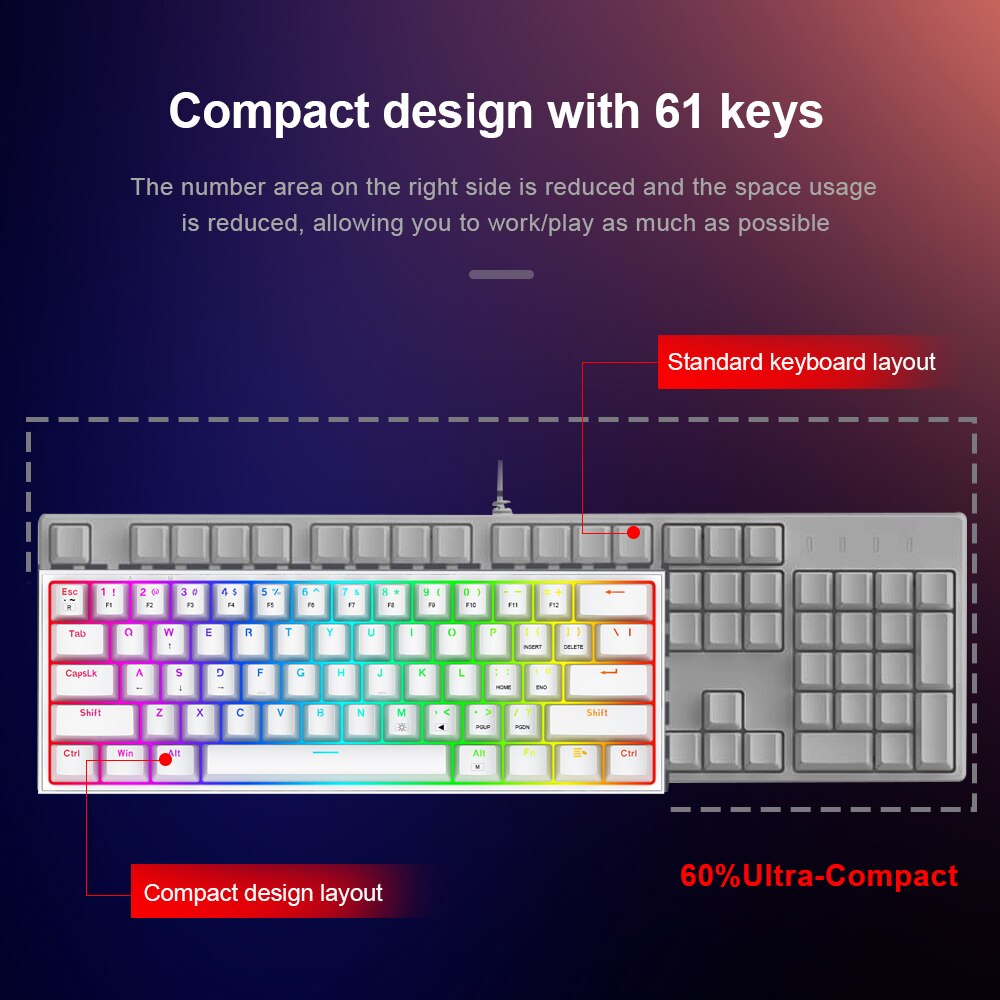 Mini Mechanical Gaming Wired KeyboardIntroducing the Mini Mechanical Gaming Wired Keyboard, Redragon's newest K617, the perfect companion for any gamer. Go ultra-portable with its 60% ultra compact desiMini Mechanical Gaming Wired Keyboard