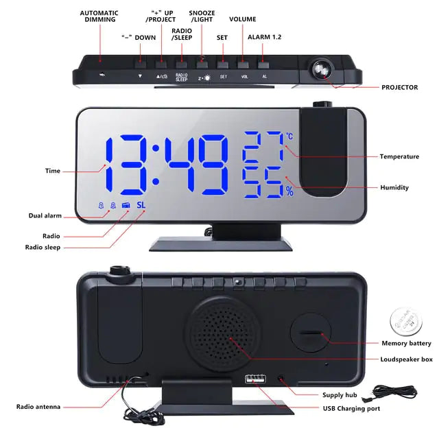 Led Digital Projection ClockIntroducing the Led Digital Projection Clock—an all-in-one solution to keep you organized, entertained, and on schedule!Stay Tuned: With its built-in Fm Radio, automLed Digital Projection Clock