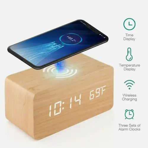 Wooden Digital Alarm ClockWake up in style with our Wooden Digital Alarm Clock featuring a Wireless Phone Charging Pad. This innovative clock combines timeless design with modern technology tWooden Digital Alarm Clock