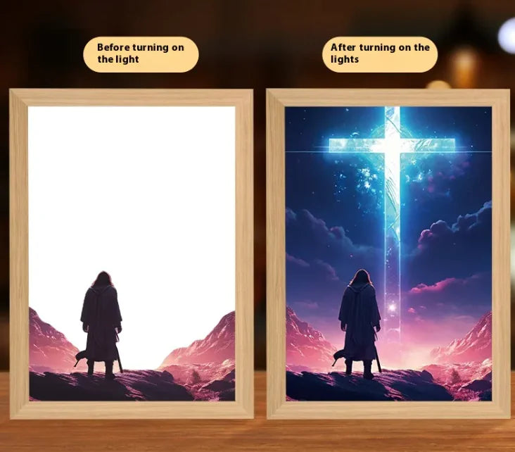 Illuminated Jesus LED Art DecorThis Jesus LED Light Painting brings warmth and spiritual inspiration to any home. Featuring a softly illuminated image of Jesus, this decorative piece provides a peIlluminated Jesus LED Art Decor