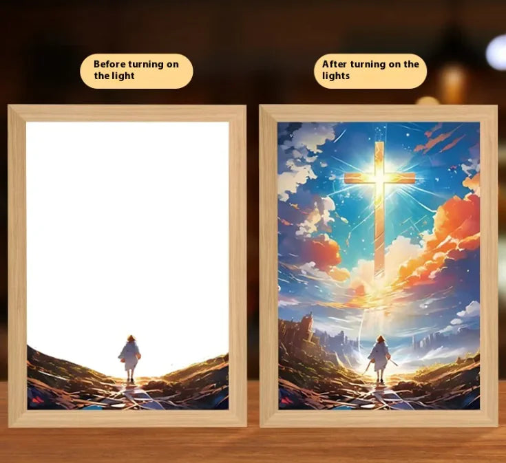 Illuminated Jesus LED Art DecorThis Jesus LED Light Painting brings warmth and spiritual inspiration to any home. Featuring a softly illuminated image of Jesus, this decorative piece provides a peIlluminated Jesus LED Art Decor