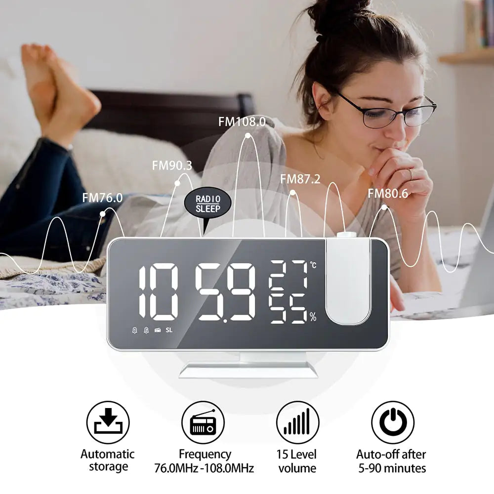 Led Digital Projection ClockIntroducing the Led Digital Projection Clock—an all-in-one solution to keep you organized, entertained, and on schedule!Stay Tuned: With its built-in Fm Radio, automLed Digital Projection Clock