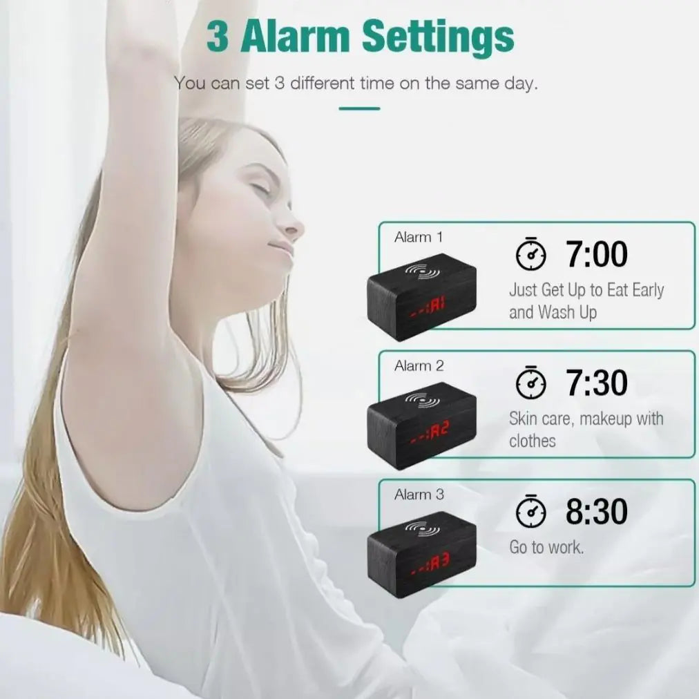 Wooden Digital Alarm ClockWake up in style with our Wooden Digital Alarm Clock featuring a Wireless Phone Charging Pad. This innovative clock combines timeless design with modern technology tWooden Digital Alarm Clock