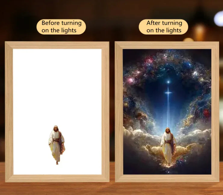 Illuminated Jesus LED Art DecorThis Jesus LED Light Painting brings warmth and spiritual inspiration to any home. Featuring a softly illuminated image of Jesus, this decorative piece provides a peIlluminated Jesus LED Art Decor