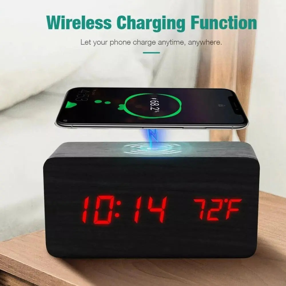 Wooden Digital Alarm ClockWake up in style with our Wooden Digital Alarm Clock featuring a Wireless Phone Charging Pad. This innovative clock combines timeless design with modern technology tWooden Digital Alarm Clock