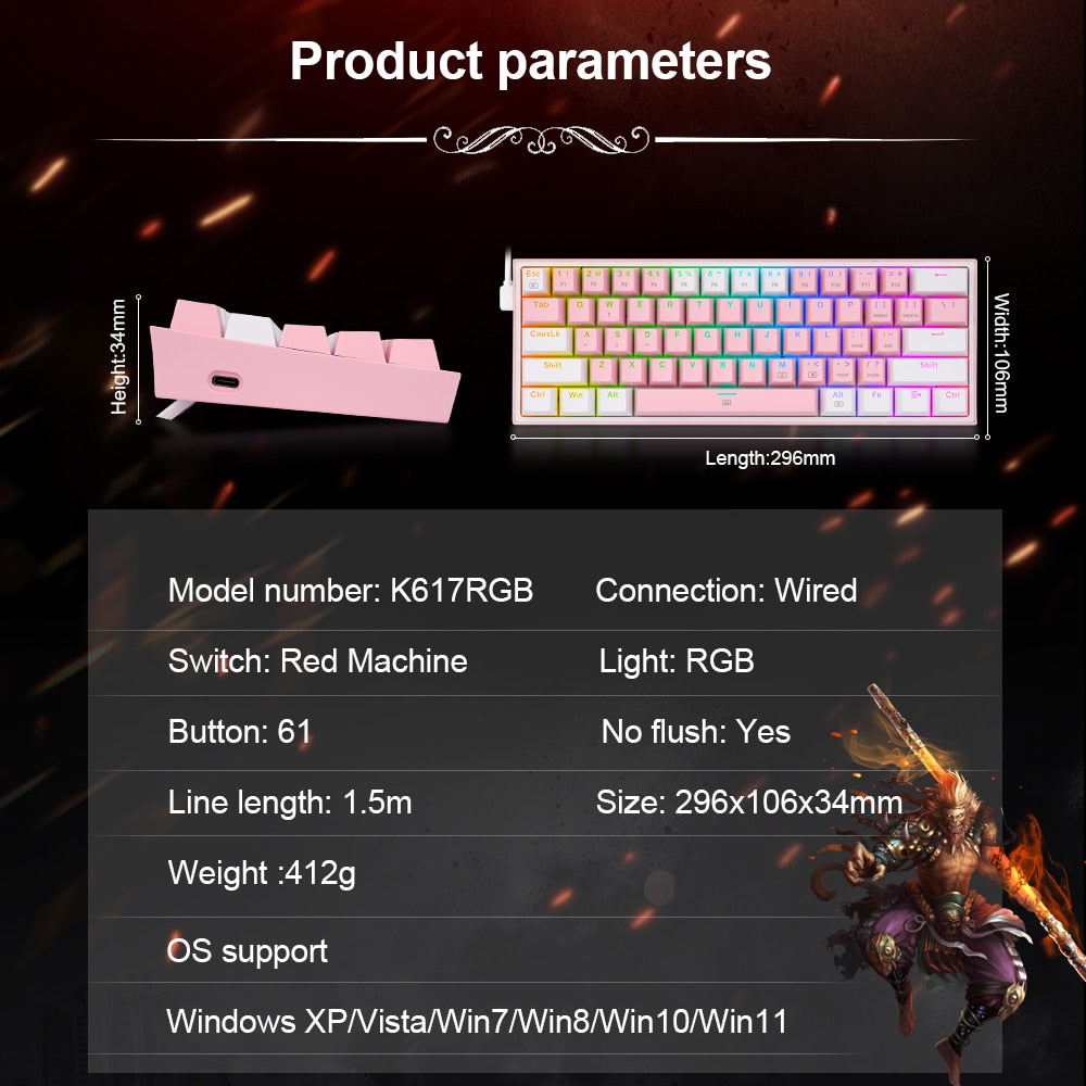 Mini Mechanical Gaming Wired KeyboardIntroducing the Mini Mechanical Gaming Wired Keyboard, Redragon's newest K617, the perfect companion for any gamer. Go ultra-portable with its 60% ultra compact desiMini Mechanical Gaming Wired Keyboard
