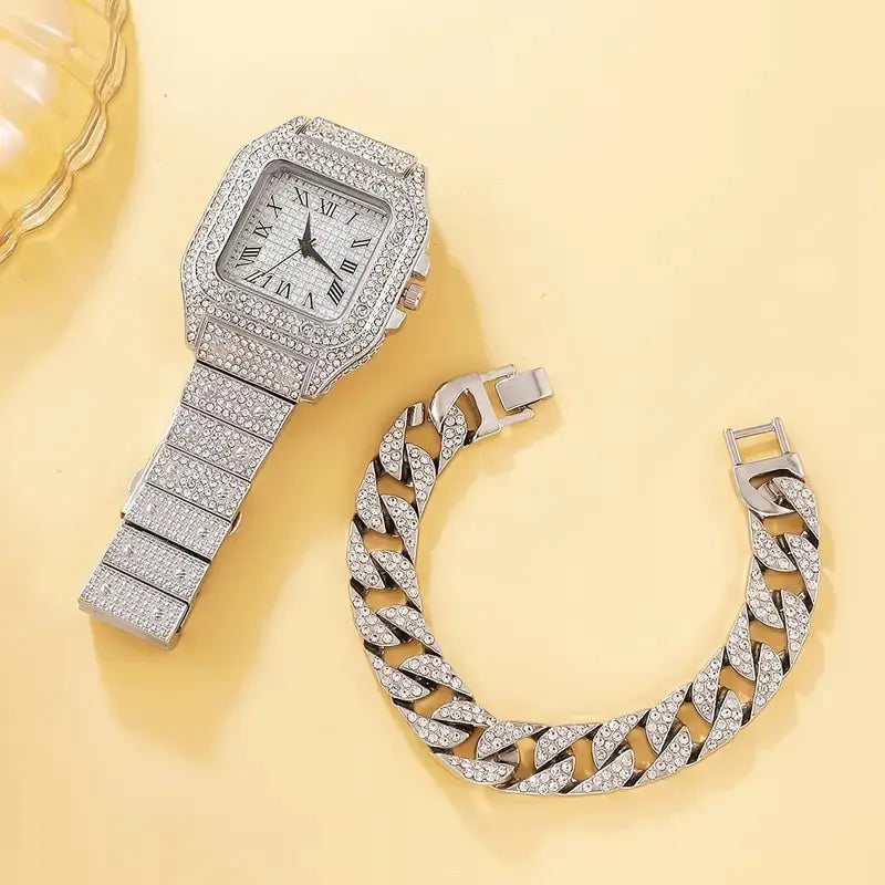 2Pcs Set Diamond Women WatchesIntroducing our 2Pcs Set Diamond Women Watches – the epitome of elegance and luxury. This stunning set features a dazzling gold watch adorned with rhinestones, paire2Pcs Set Diamond Women Watches